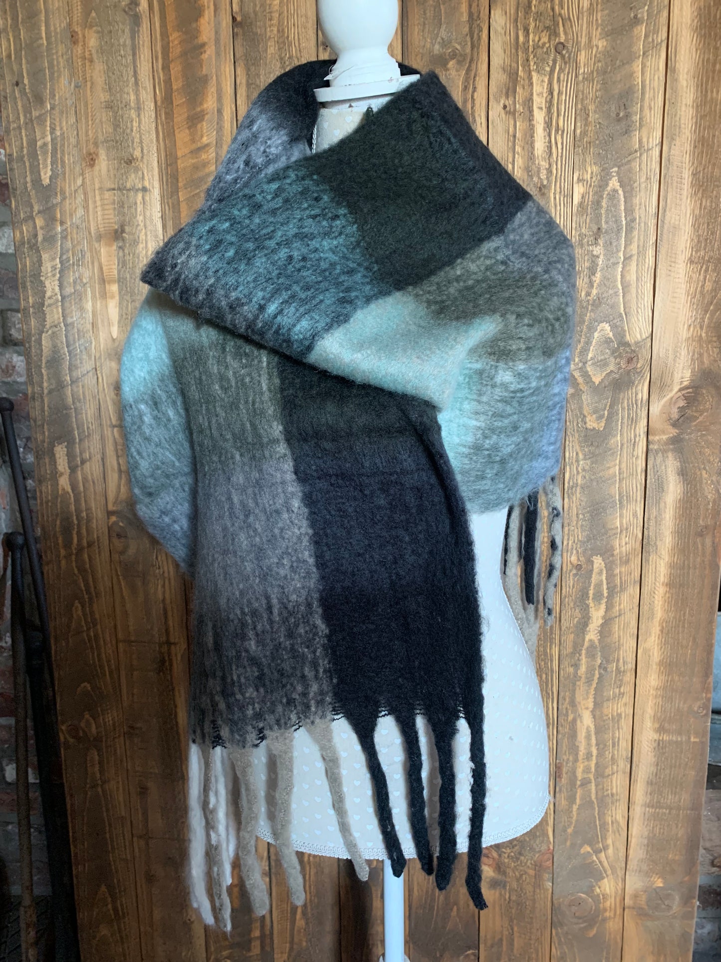 Soft Check Tassel wraps Scarf - Mint and Black