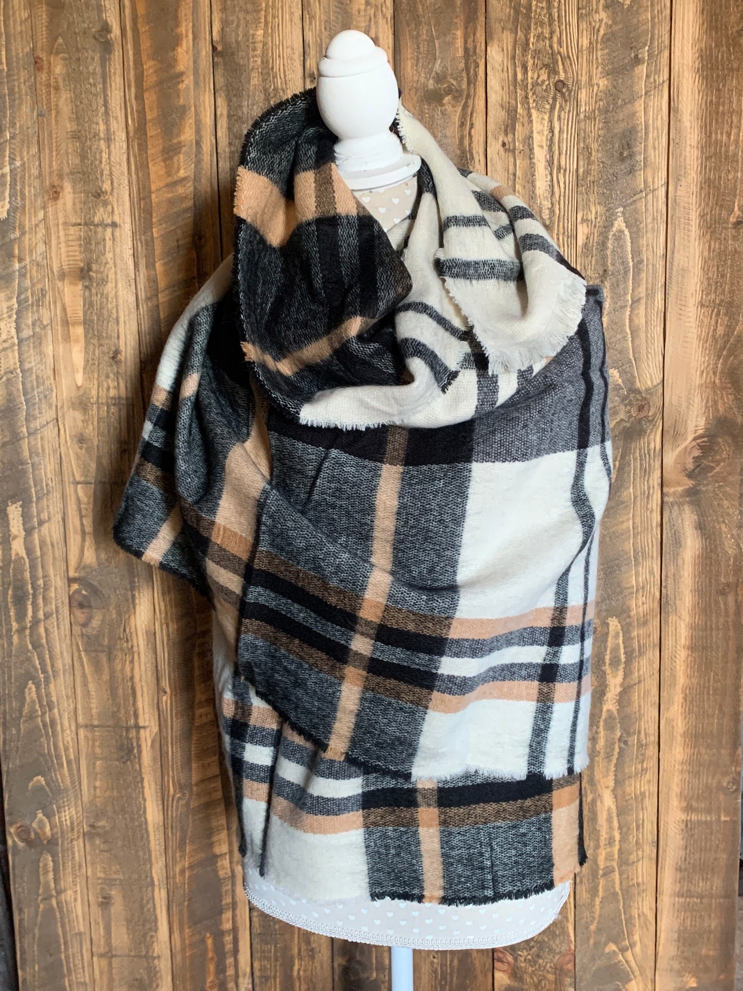 Tartan Wool Blanket Scarf - Cream