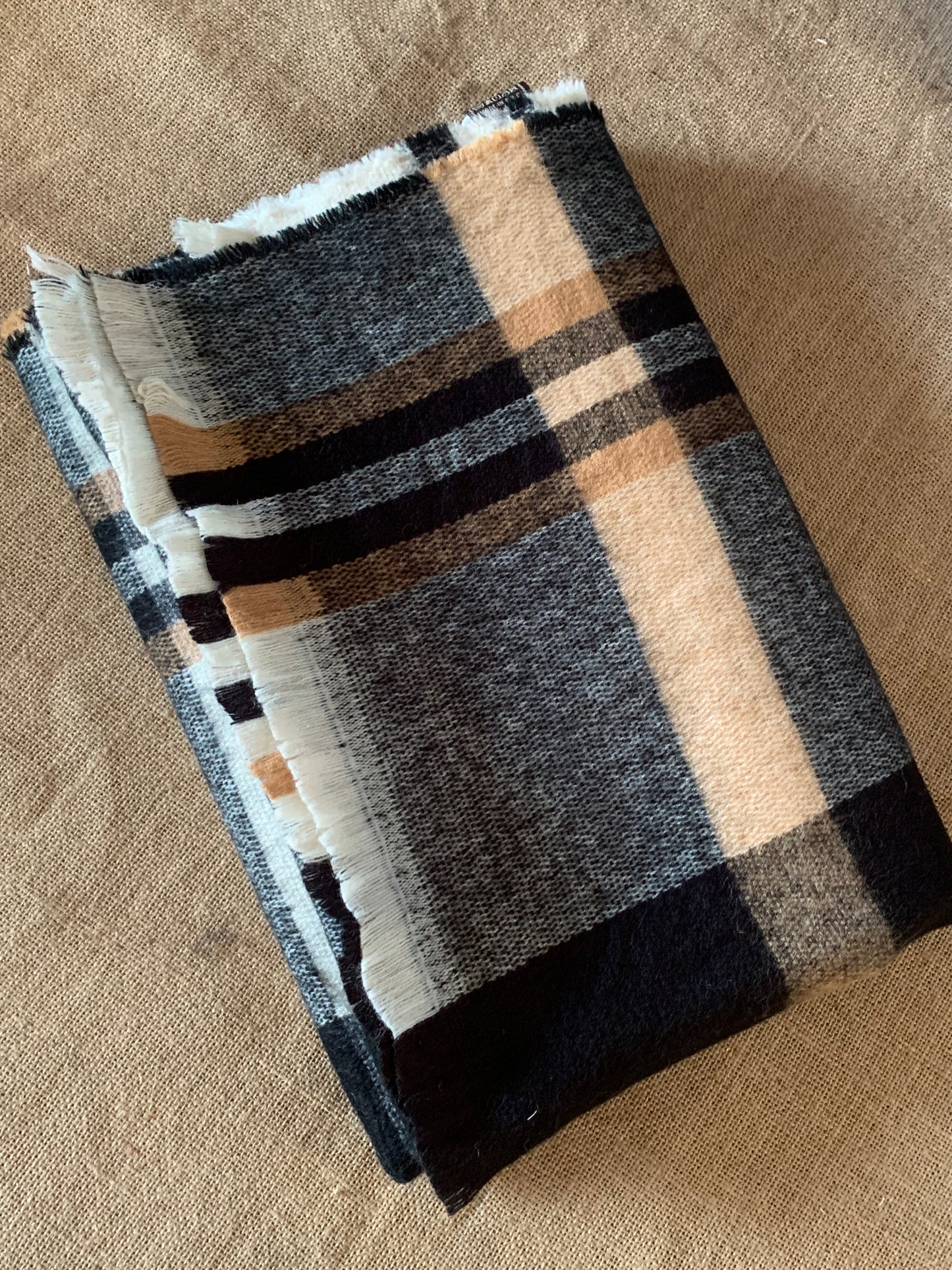 Tartan Wool Blanket Scarf - Cream