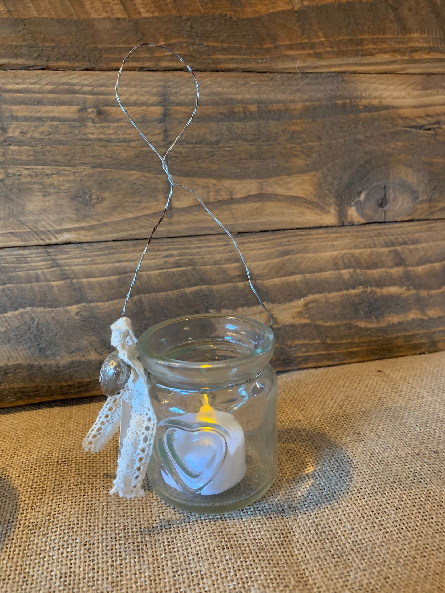 Glass hanging tea lights with heart detail