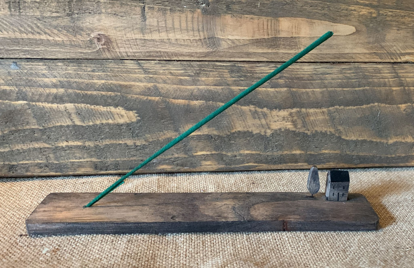 Wooden incense holder with tiny house & tree detail