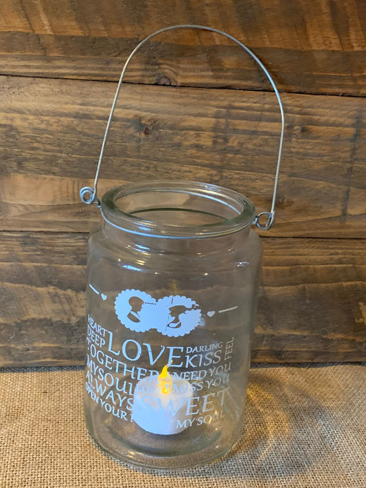 Glass jam jar tea light holder with wording